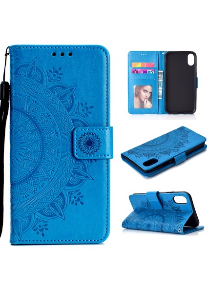 Apple iPhone Xs Maks-Blue Için Baskılı Mandala Desen Pu Deri Manyetik Cüzdan Telefon Kabuğu (Yurt Dışından)