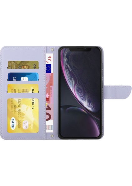Apple iPhone Xr Stand Telefon Kılıfı Pu Deri Baskı Kelebekleri Çiçek Desen Cüzdan Kabuğu Omuz Kayış Işık Mor (Yurt Dışından)