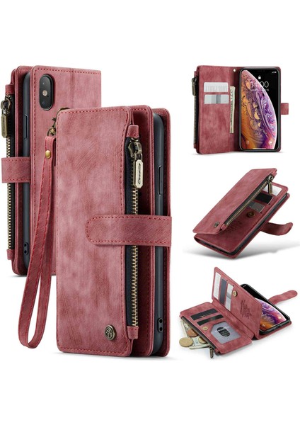 Apple iPhone X/xs Telefon Kılıfı Için Çok Fonksiyonlu Fermuarı Cep Cüzdan Telefon Kapağı Pu Deri Stand Kartı Tutucu Kılıf Strap-Red ile (Yurt Dışından)