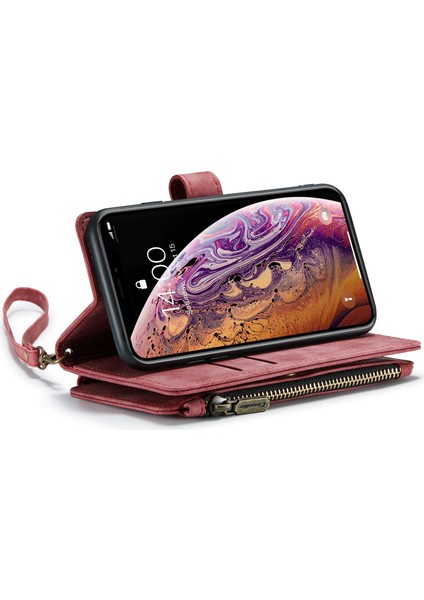 Apple iPhone X/xs Telefon Kılıfı Için Çok Fonksiyonlu Fermuarı Cep Cüzdan Telefon Kapağı Pu Deri Stand Kartı Tutucu Kılıf Strap-Red ile (Yurt Dışından)
