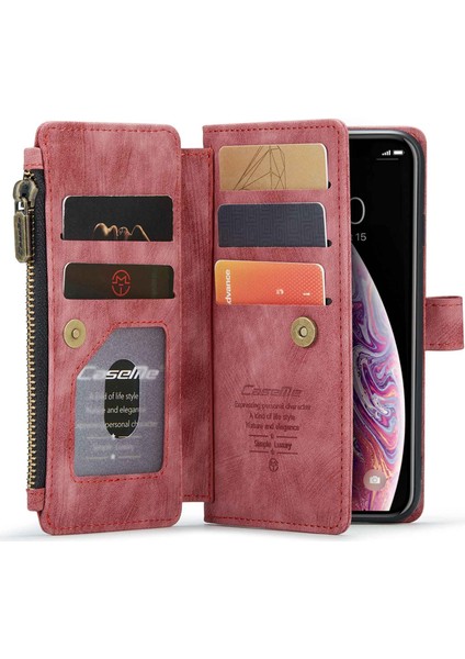 Apple iPhone X/xs Telefon Kılıfı Için Çok Fonksiyonlu Fermuarı Cep Cüzdan Telefon Kapağı Pu Deri Stand Kartı Tutucu Kılıf Strap-Red ile (Yurt Dışından)