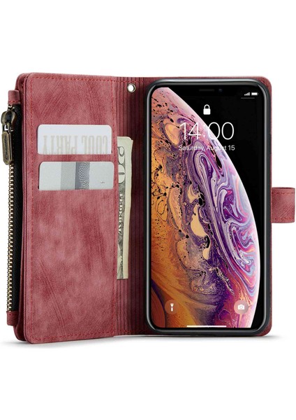 Apple iPhone X/xs Telefon Kılıfı Için Çok Fonksiyonlu Fermuarı Cep Cüzdan Telefon Kapağı Pu Deri Stand Kartı Tutucu Kılıf Strap-Red ile (Yurt Dışından)
