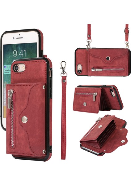 Apple Iphoneserfid Engelleme Kart Torbası Telefon Kasası Kickstand Pu Deri+Tpu Kapak-Kırmızı (Yurt Dışından)