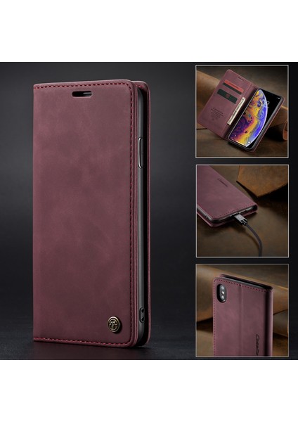 Pu Deri Cüzdan Standı Apple iPhone Xs Max-Wine Red Için Cep Telefonu Kapağı (Yurt Dışından)