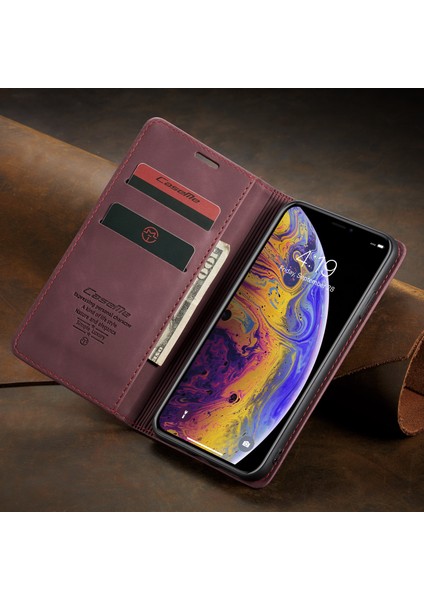 Pu Deri Cüzdan Standı Apple iPhone Xs Max-Wine Red Için Cep Telefonu Kapağı (Yurt Dışından)