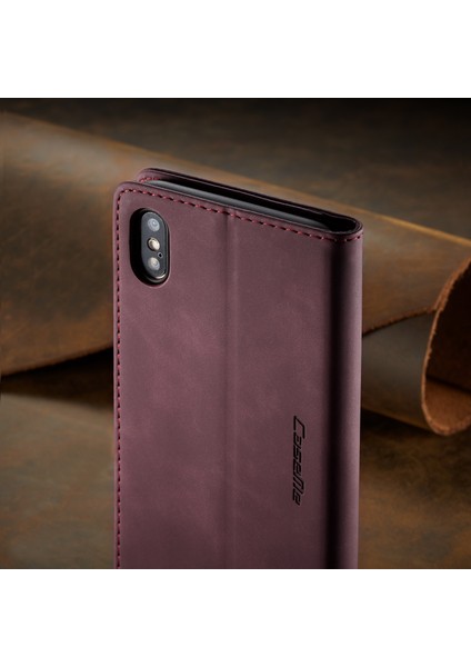Pu Deri Cüzdan Standı Apple iPhone Xs Max-Wine Red Için Cep Telefonu Kapağı (Yurt Dışından)