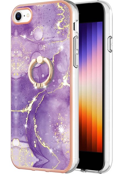 Apple iPhone 7/8 Yüzük Kickstand Tasarımı Mermer Desen Kılıfı Elektrokaplama Çerçevesi Telefon Kapak-Morası (Yurt Dışından)