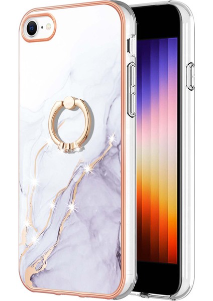 Apple iPhone 7/8 Yüzük Kickstand Tasarımı Mermer Desen Kılıfı Elektrokaplama Çerçevesi Telefon Kapak-Beyaz (Yurt Dışından)