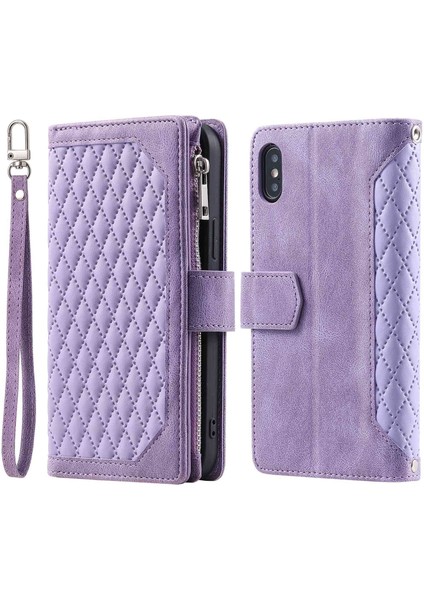 Apple iPhone Xs Için Maksimum Telefon Kılıfı Deri Kılıf, Rhombus Doku Doku Fermuar Cep Telefonu Kapak Stand Cüzdan-Doğru (Yurt Dışından)