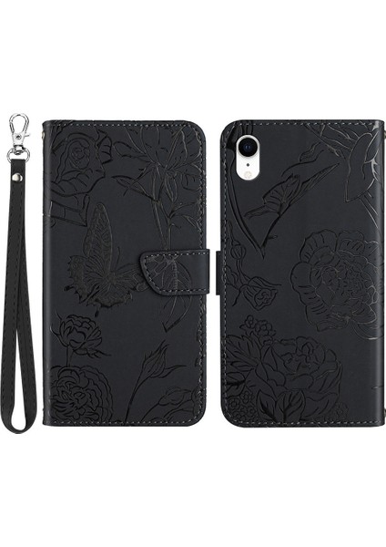 Apple iPhone Xr Için Cilt Touch Duygu Deri Akıllı Telefon Kılıf Kelebek Çiçek Deseni Baskılı Flip Cüzdan Telefon Kapağı Bilek Kayış-Black (Yurt Dışından)