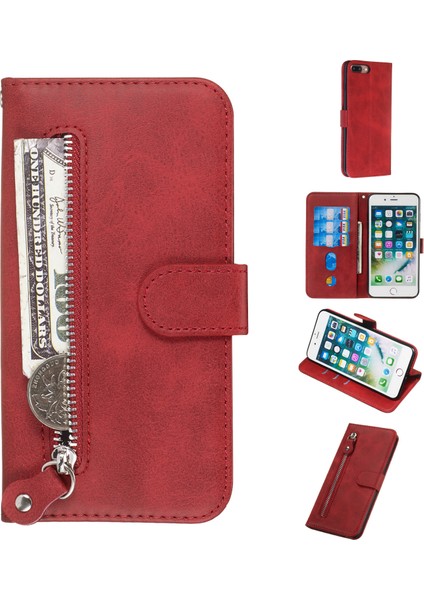 Fermuar Cep Cüzdanı Stand Flip Deri Koruyucu Kasa Apple iPhone 8 Plus/7 Plus-Red Için (Yurt Dışından)
