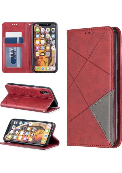 Geometrik Desen Deri Kart Sahibi Telefon Kasası, Apple iPhone X/xs-Red Stand ile (Yurt Dışından)