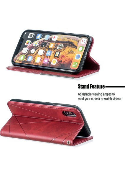Geometrik Desen Deri Kart Sahibi Telefon Kasası, Apple iPhone X/xs-Red Stand ile (Yurt Dışından)