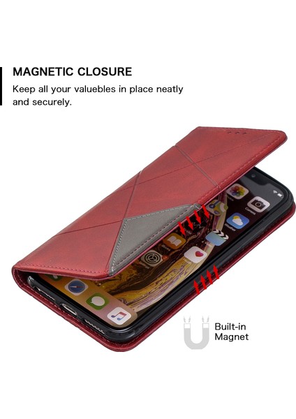 Geometrik Desen Deri Kart Sahibi Telefon Kasası, Apple iPhone X/xs-Red Stand ile (Yurt Dışından)