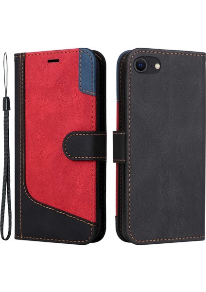 Apple iPhone 7/8 Üç Renkli Ekleme Cüzdan Stand Deri Telefon Kılıfı Kapak Strap-Black (Yurt Dışından)