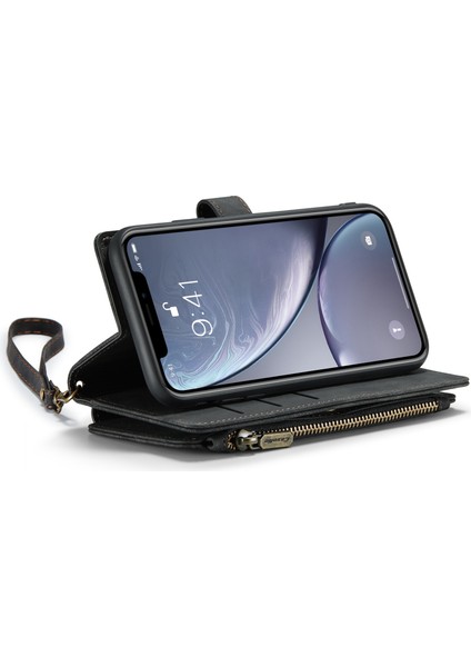 Apple iPhone Xr Için Şok-Absorpsiyon Fermuarı Cep Telefonu Cüzdan Kılıfı Kullanışlı Kayış Telefon Koruyucu Kabuk Kart Tutucu Black (Yurt Dışından)