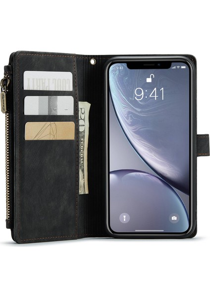 Apple iPhone Xr Için Şok-Absorpsiyon Fermuarı Cep Telefonu Cüzdan Kılıfı Kullanışlı Kayış Telefon Koruyucu Kabuk Kart Tutucu Black (Yurt Dışından)