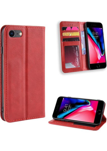 Apple iPhone Se Vintage Style Pu Deri Deri Cüzdan Kabuk Kapağı Kılıfı Katlanabilir Stand-Red (Yurt Dışından)