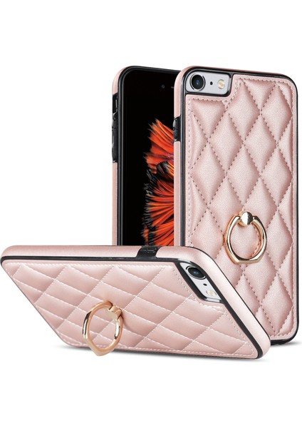 Apple iPhone Se Pu Deri+Tpu Koruyucu Kapak Için Baskılı Rhombus Izgara Desen Döndürme Yüzüğü Kickstand Telefon Kılıfı (Yurt Dışından)