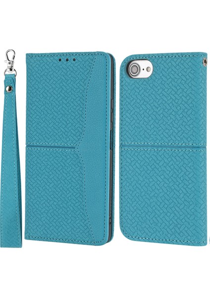 Otomatik Emilen Dokuma Doku Cüzdanı Bilek Kayış Deri Kapak Kasası Için Stant Apple iPhone Se-Mavi (Yurt Dışından)