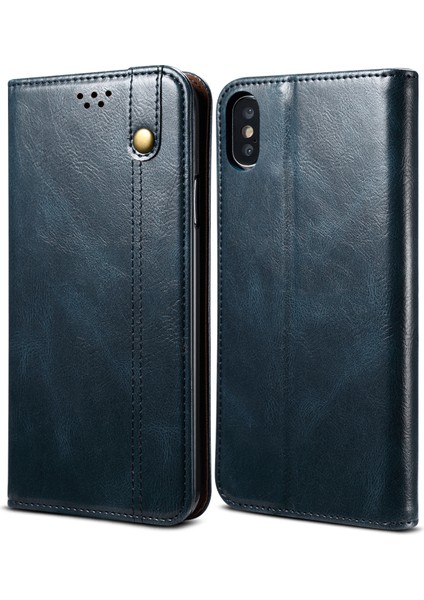 Manyetik Mumsu Çılgın At Doku Cüzdan Deri Telefon Stand Kapak Kılıfı Apple iPhone X/xs-Blue Için (Yurt Dışından)