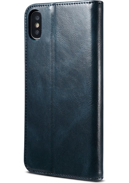 Manyetik Mumsu Çılgın At Doku Cüzdan Deri Telefon Stand Kapak Kılıfı Apple iPhone X/xs-Blue Için (Yurt Dışından)