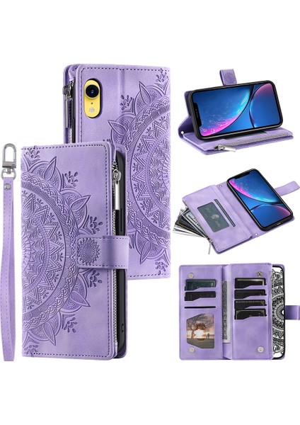 Apple iPhone Xr Mandala Çiçeği Baskılı Pu Deri Kılıf Manyetik Çanta Fermuarı Cep Stand Cüzdan Strap-Murple ile Çoklu Kart Yuvaları Telefon Kapağı (Yurt Dışından)