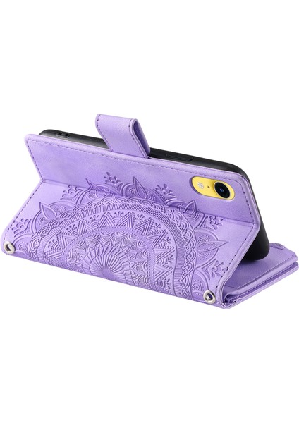 Apple iPhone Xr Mandala Çiçeği Baskılı Pu Deri Kılıf Manyetik Çanta Fermuarı Cep Stand Cüzdan Strap-Murple ile Çoklu Kart Yuvaları Telefon Kapağı (Yurt Dışından)