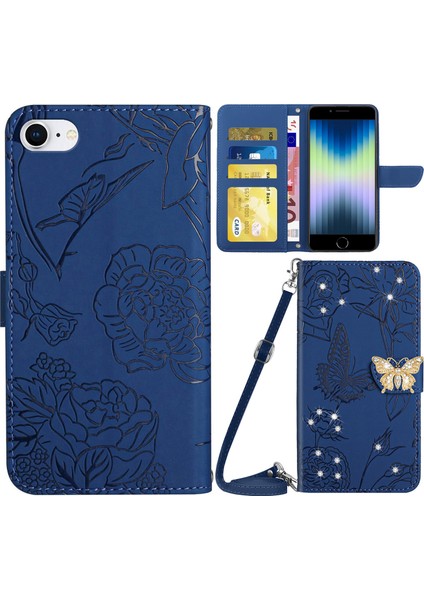 Apple iPhone Se Telefon Kapağı Için, Kelebek Çiçekler Baskılı Rhinestone Dekor Cüzdan Standı Tam Kapsama Deri Kasa Omuz Kayışı (Yurt Dışından)