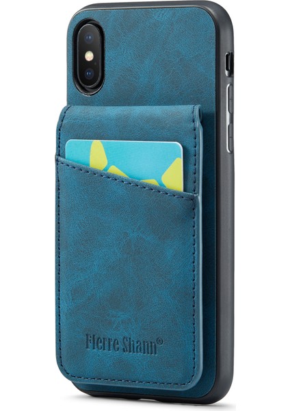 Apple iPhone X/xs Için Çılgın At Doku Telefon Kapağı Kickstand Pu Derisi+Tpu Kart Yuvası Kılıf Mavisi (Yurt Dışından)