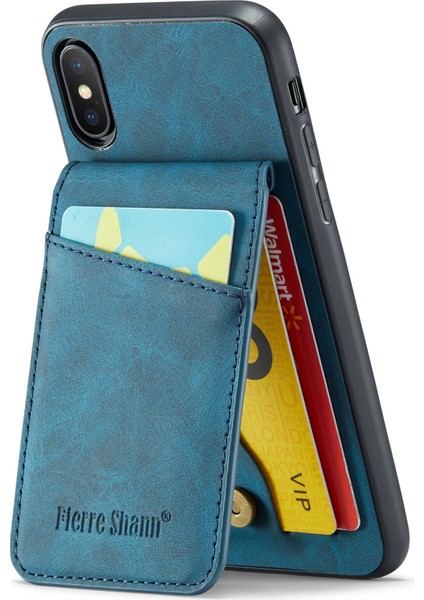 Apple iPhone X/xs Için Çılgın At Doku Telefon Kapağı Kickstand Pu Derisi+Tpu Kart Yuvası Kılıf Mavisi (Yurt Dışından)