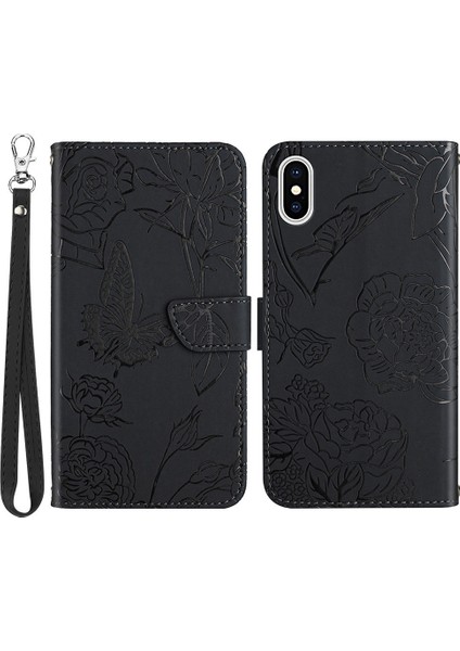 Apple iPhone Xs Için Max Telefon Kılıfı Pu Deri Kılıf Katlama Stand Cilt Dokunuşlu Kelebek Çiçek Deseni Hissedilmiş Flip Cüzdan Telefon Kapağı Bilek Kayış-Black (Yurt Dışından)