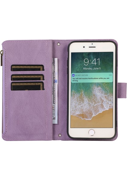 Apple iPhone 7/8 Baskılı Telefon Kılıfı 9 Kart Yuvaları Deri Cüzdan Standı Kapağı Fermuarlı Cep-Mor ile Kapak (Yurt Dışından) fiyatları