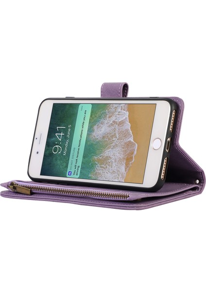 Apple iPhone 7/8 Baskılı Telefon Kılıfı 9 Kart Yuvaları Deri Cüzdan Standı Kapağı Fermuarlı Cep-Mor ile Kapak (Yurt Dışından) modelleri