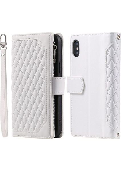 Apple iPhone X/xs Telefon Kasası Eşkenar Dörtgen Doku Standı Cüzdan Kılıfı Fermuar Cep Pu Deri Telefon Kapağı Bilek Kayış-Beyaz ile (Yurt Dışından)