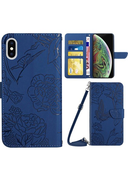 Apple iPhone Xs Için Max Telefon Kılıfı Cilt Touch Deri Kapak Baskı Kelebekleri Çiçek Desen Cüzdan Stand Telefon Kılıfı Omuz Kayışı Mavisi (Yurt Dışından)