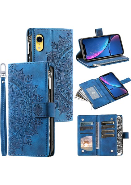 Apple iPhone Xr Mandala Çiçek Baskılı Pu Deri Kılıf Manyetik Çanta Fermuar Cep Stand Cüzdan Birden Çok Kart Yuvaları Telefon Kapağı Strap-Mavi (Yurt Dışından)