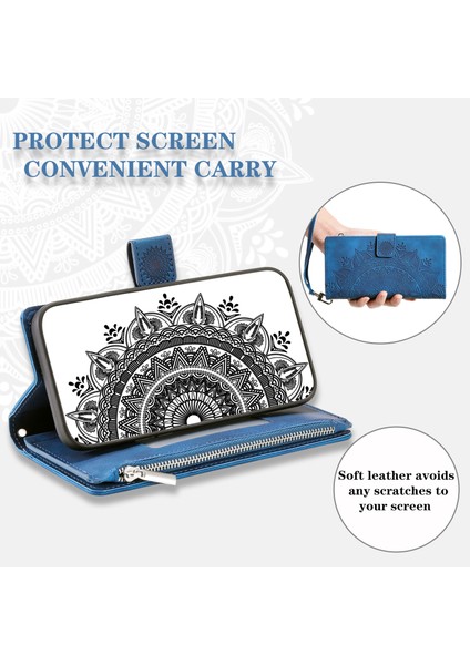 Apple iPhone Xr Mandala Çiçek Baskılı Pu Deri Kılıf Manyetik Çanta Fermuar Cep Stand Cüzdan Birden Çok Kart Yuvaları Telefon Kapağı Strap-Mavi (Yurt Dışından)