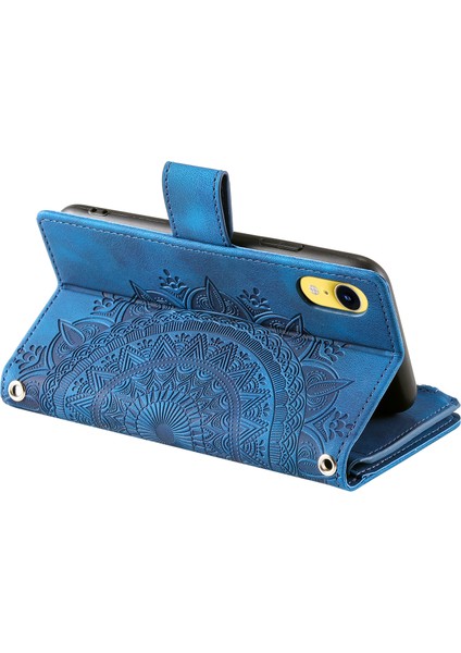 Apple iPhone Xr Mandala Çiçek Baskılı Pu Deri Kılıf Manyetik Çanta Fermuar Cep Stand Cüzdan Birden Çok Kart Yuvaları Telefon Kapağı Strap-Mavi (Yurt Dışından)