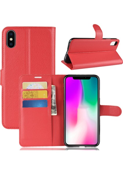 Apple iPhone Xr Folio Için Flip Litchi Doku Deri Cüzdan Standı Cep Telefonu Kapağı Kabuk Kırmızısı (Yurt Dışından)