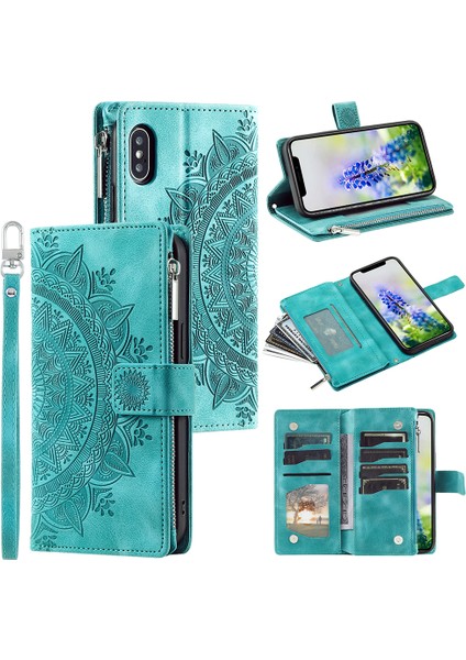 Apple iPhone X/xs Telefon Kılıfı Mandala Çiçeği Baskılı Pu Deri Cüzdan Telefon Kılıfı Çoklu Kart Yuvası Manyetik Kapanma Fermuar Cep Çanak Çantası Stand Çizme Yeşili ile Flip Kapak (Yurt Dışından)