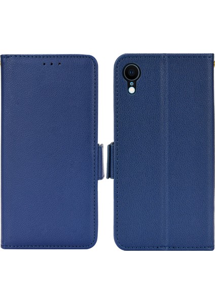 Apple iPhone Xr Için Düz Renkli Litchi Doku Pu Deri Cep Telefonu Stand Koruyucu Kabuk Cüzdan-Dark Mavi (Yurt Dışından)