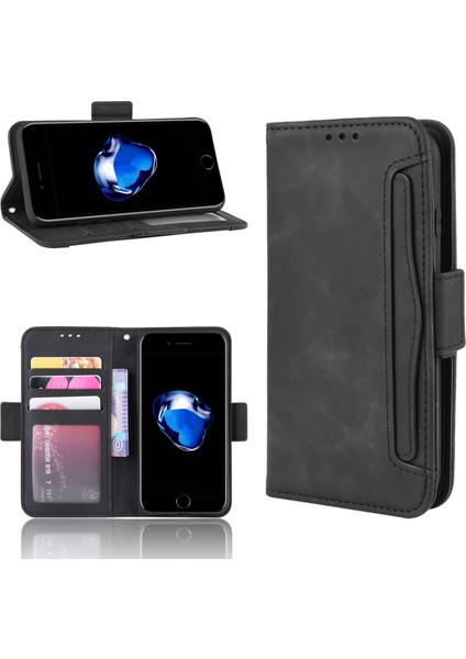 Deri Telefon Kapağı Kart Yuvaları ile Apple iPhone Se Için Koruyucu Kılıf (2022) 8/7-Black (Yurt Dışından)