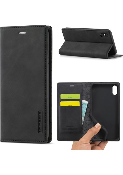 Deri Cüzdan Stand Güçlü Manyetik Telefon Koruyucu Kabuk Apple iPhone Xs Max-Black (Yurt Dışından)