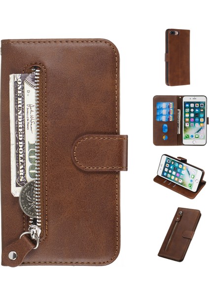 Fermuarlı Cep Cüzdanı Apple iPhone 8 Plus/7 Plus-Brown Için Flip Deri Koruyucu Kılıf (Yurt Dışından)