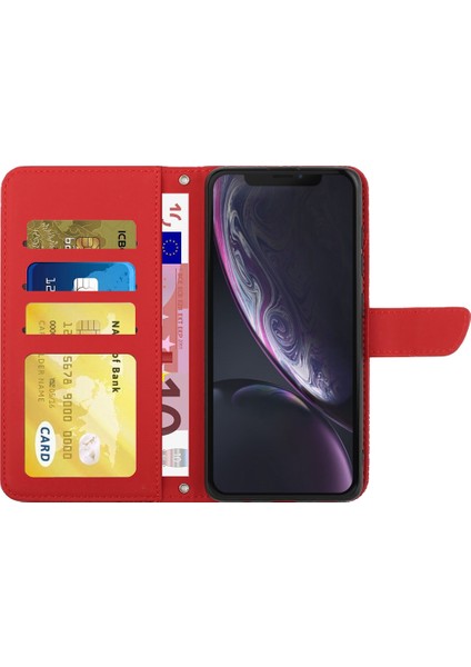 Apple iPhone Xr Stand Telefon Kılıfı Pu Deri Baskı Kelebekleri Çiçek Desen Cüzdan Kabuğu Omuz Kayışı Kırmızısı (Yurt Dışından)