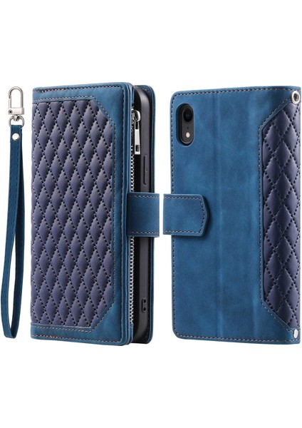 Apple iPhone Xr Rhombus Doku Doku Stand Cüzdan Pu Deri Kılıfı Bilek Kayış Mavisi (Yurt Dışından)
