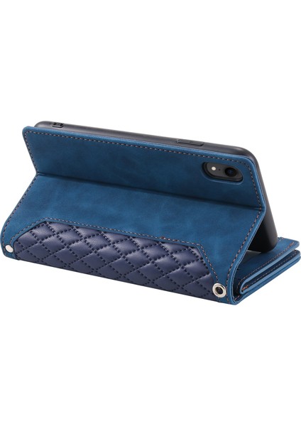 Apple iPhone Xr Rhombus Doku Doku Stand Cüzdan Pu Deri Kılıfı Bilek Kayış Mavisi (Yurt Dışından)