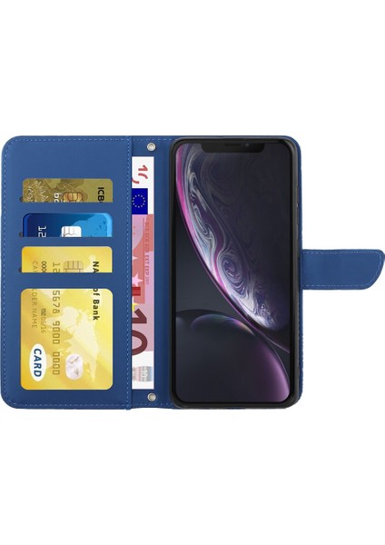 Apple iPhone Xr Stand Telefon Kılıfı Pu Deri Baskı Kelebekleri Çiçek Desen Cüzdan Kabuğu Omuz Kayış Mavisi (Yurt Dışından)