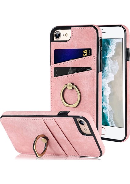 Apple iPhone 7/8 Retro Pu Deri Kaplamalı Tpu Ring Kickstand Telefon Kılıf Kart Tutucu Geri Kapak Pembe (Yurt Dışından)